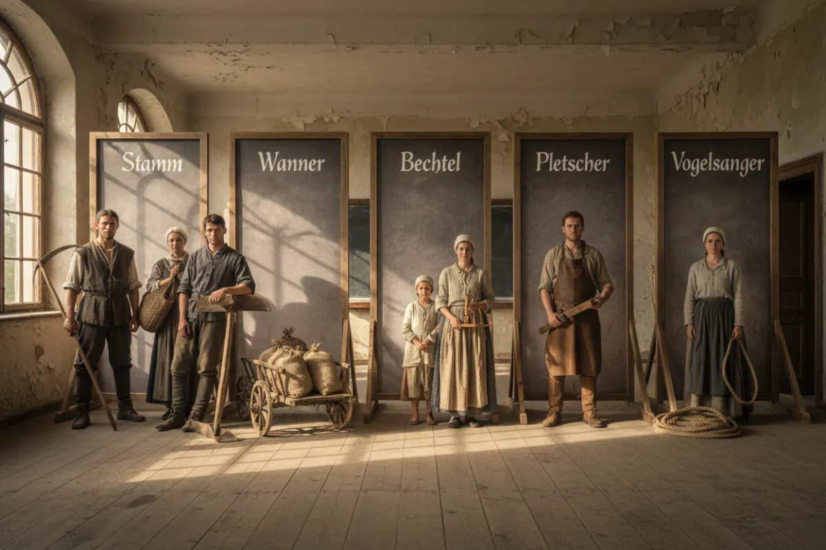 Ein quadratisches Bild eines alten Pergamentmanuskripts mit handgeschriebener deutscher Schrift, das auf einem Holztisch neben einer Feder und einem Tintenfass liegt. Sanftes natürliches Licht hebt die Textur des Papiers hervor und vermittelt ein Gefühl historischer Authentizität und Ehrfurcht vor dem Dokument.